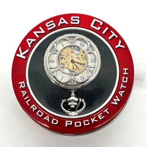 Kansas City Railroad Mechanical Pocket Watch & Chain Collectible Tin NOT WORKING